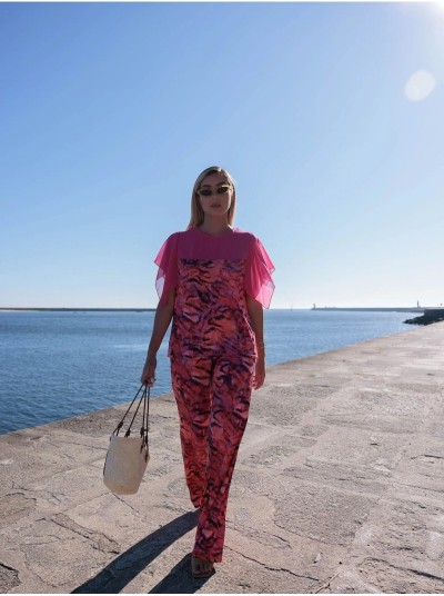 Túnica em malha estampada com encaixes de tecido