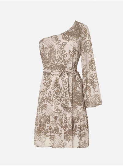 Vestido estampado curto com decote assimétrico