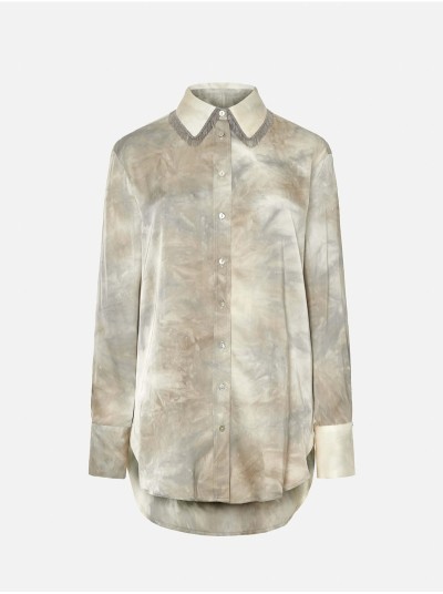 Blusa estampada com mini franjas no colarinho