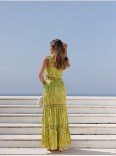 Long printed dress with lace details