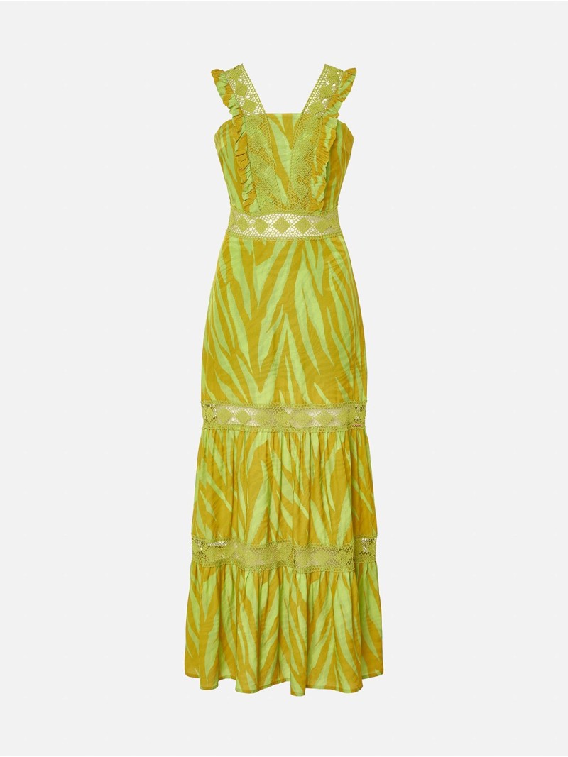 Vestido estampado comprido com detalhes de renda