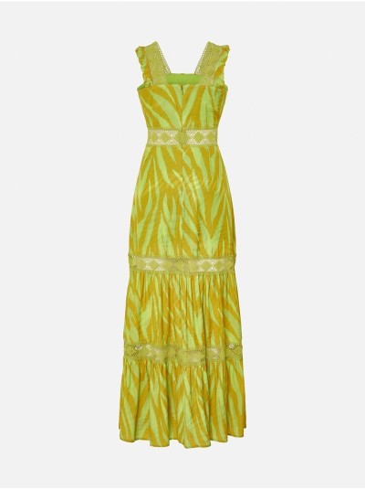 Vestido estampado comprido com detalhes de renda