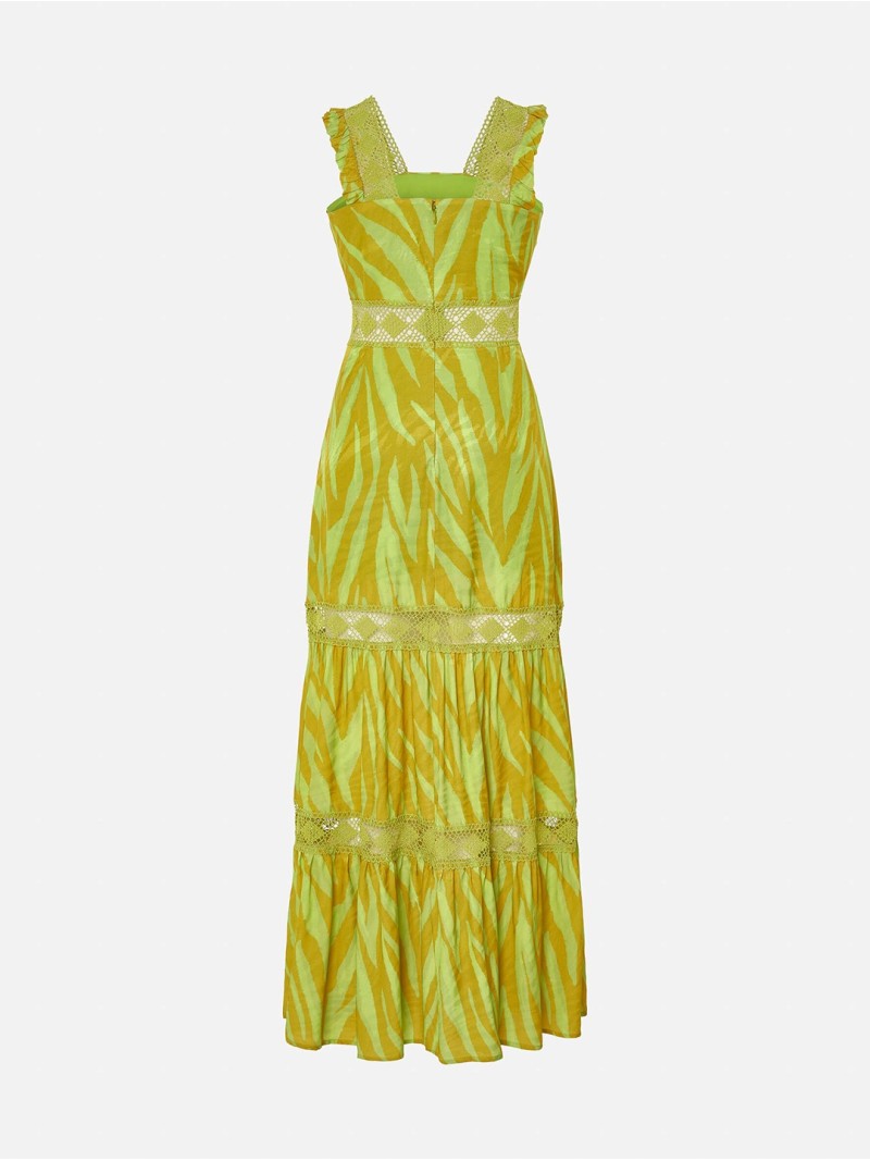 Vestido estampado comprido com detalhes de renda