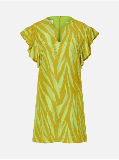 Vestido estampado curto com folhos nos ombros