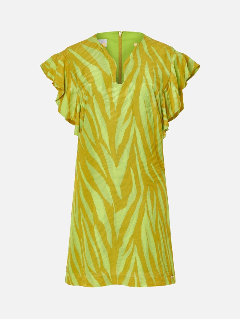 Vestido estampado curto com folhos nos ombros