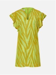 Vestido estampado curto com folhos nos ombros