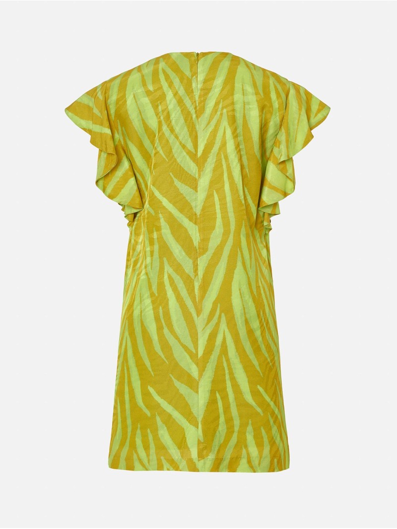 Short printed dress with ruffles on the shoulders