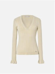 Camisola em malha canelada com detalhe de folhos