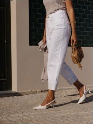 White denim pants with printed cuffs