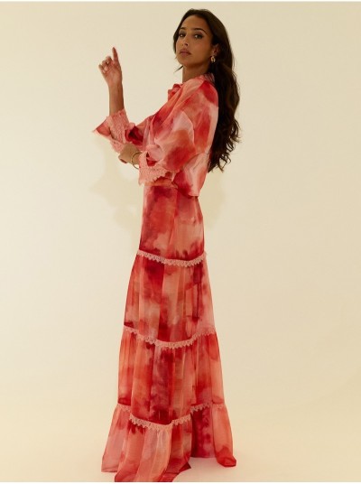 Long tie-dye skirt with gathers and lace