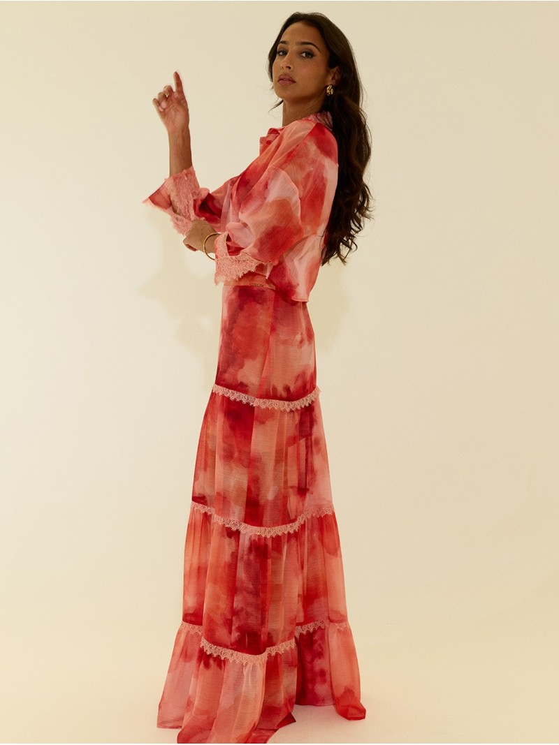 Long tie-dye skirt with gathers and lace
