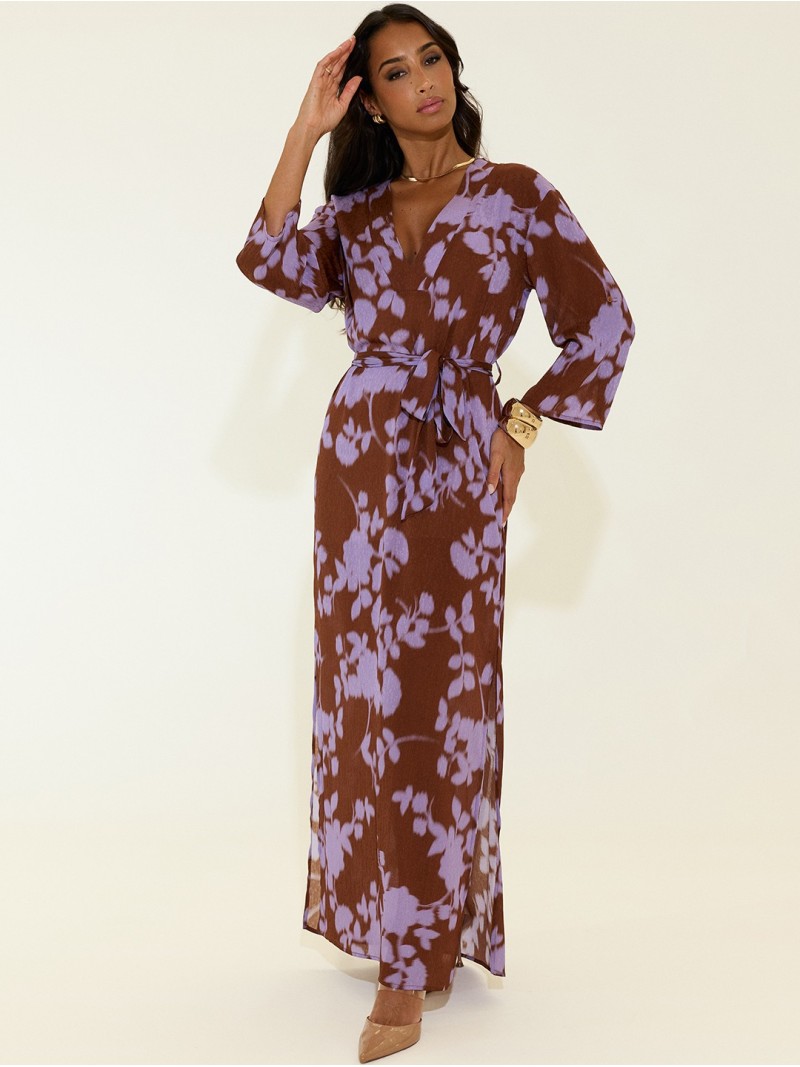 Long printed dress with belt and V-neck