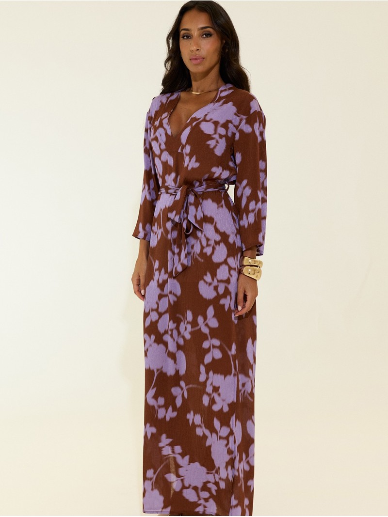 Long printed dress with belt and V-neck