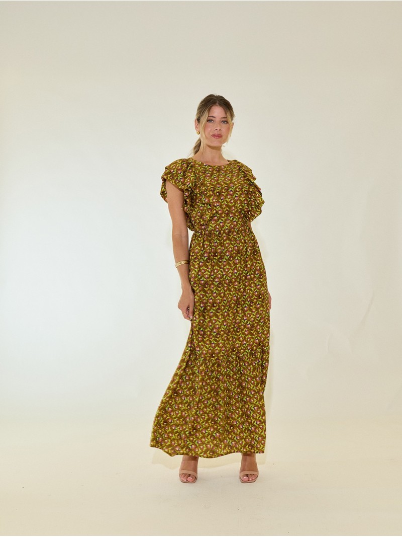 Long printed dress with ruffle sleeves