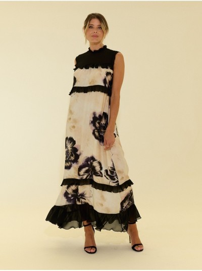 Vestido estampado com folhos a contrastar
