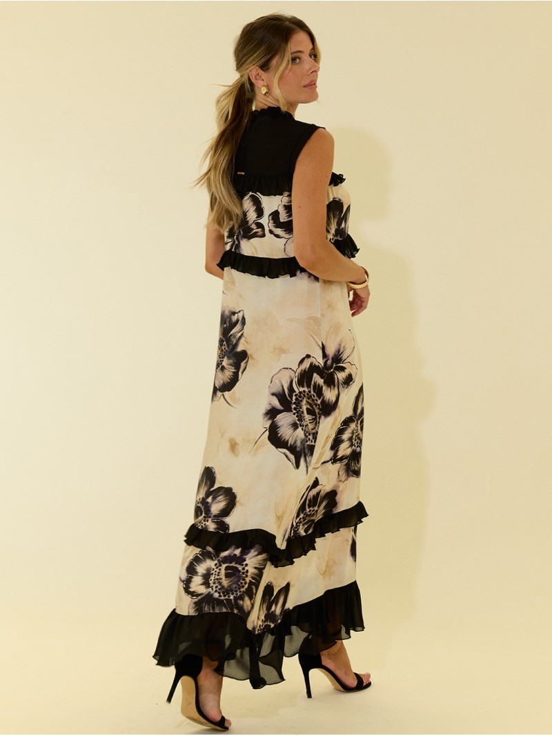 Vestido estampado com folhos a contrastar
