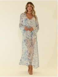 Vestido fluído estampado com fio metalizado 