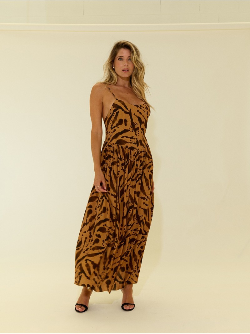 Vestido comprido estampado com franzido e decote V