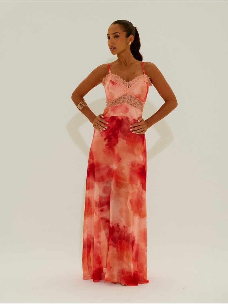 Vestido comprido tye dye com detalhes em renda