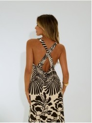 Vestido comprido estampado com costa cruzada