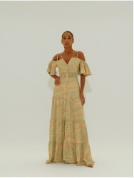 Vestido comprido estampado com elástico na cinta