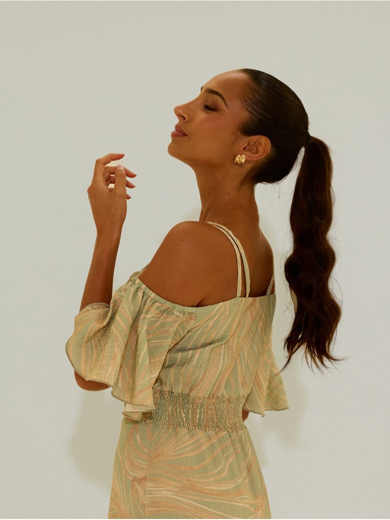 Long printed dress with elastic waist