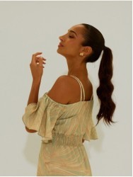 Vestido comprido estampado com elástico na cinta