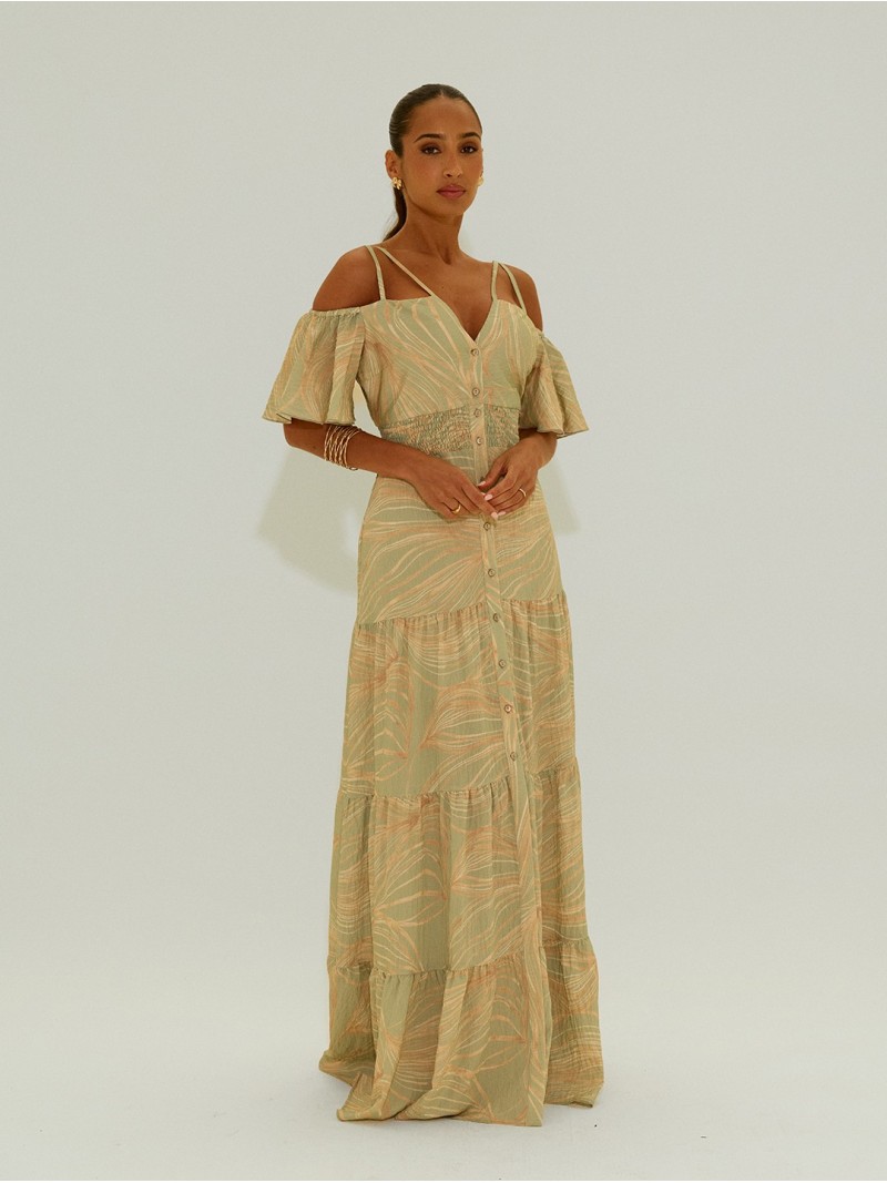 Vestido comprido estampado com elástico na cinta