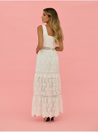 Vestido comprido em renda com decote quadrado 