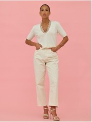 Knitted sweater with lace neckline