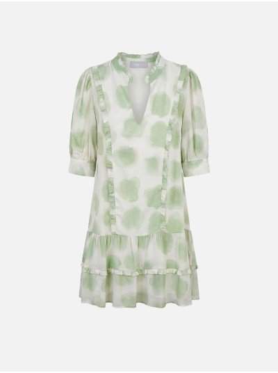 Vestido curto estampado com folhos