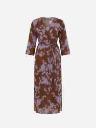 Long printed dress with belt and V-neck