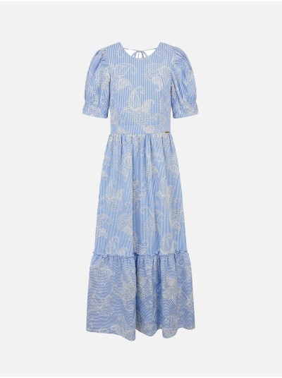 Vestido comprido com bordados e abertura na costa