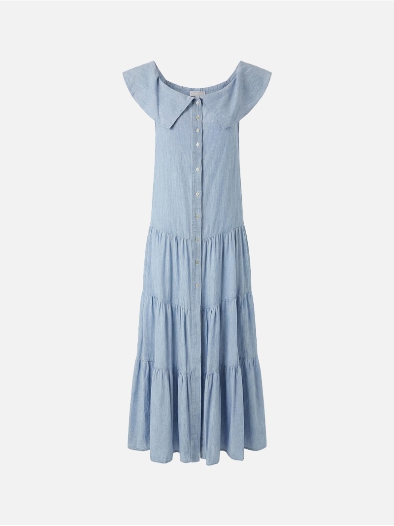 Vestido comprido em linho com decote quadrado