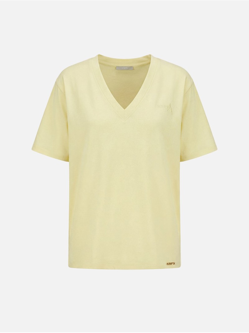 Cotton T-shirt with V-neck and SCRIPTA logo