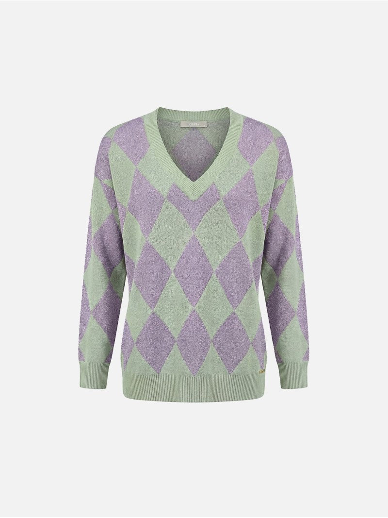Camisola de malha de decote em V com losangos