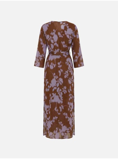 Vestido comprido estampado com cinto e decote V