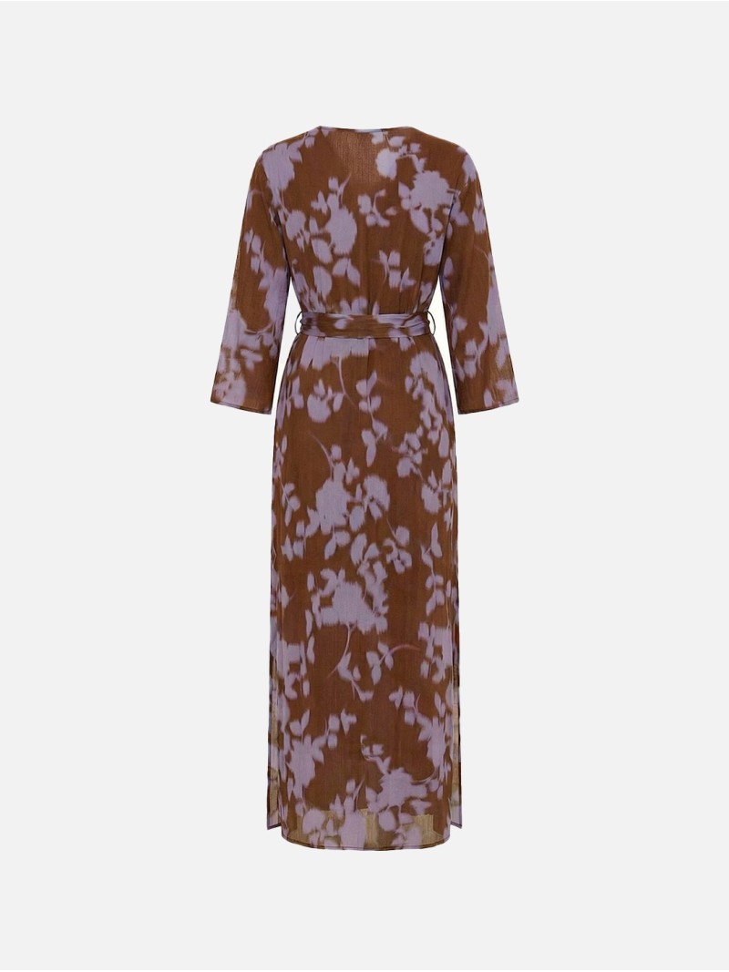 Long printed dress with belt and V-neck