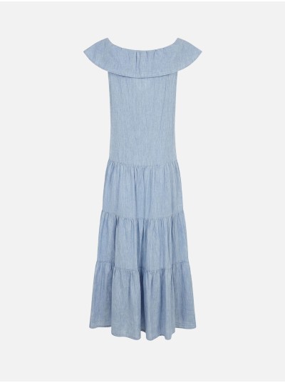 Vestido comprido em linho com decote quadrado