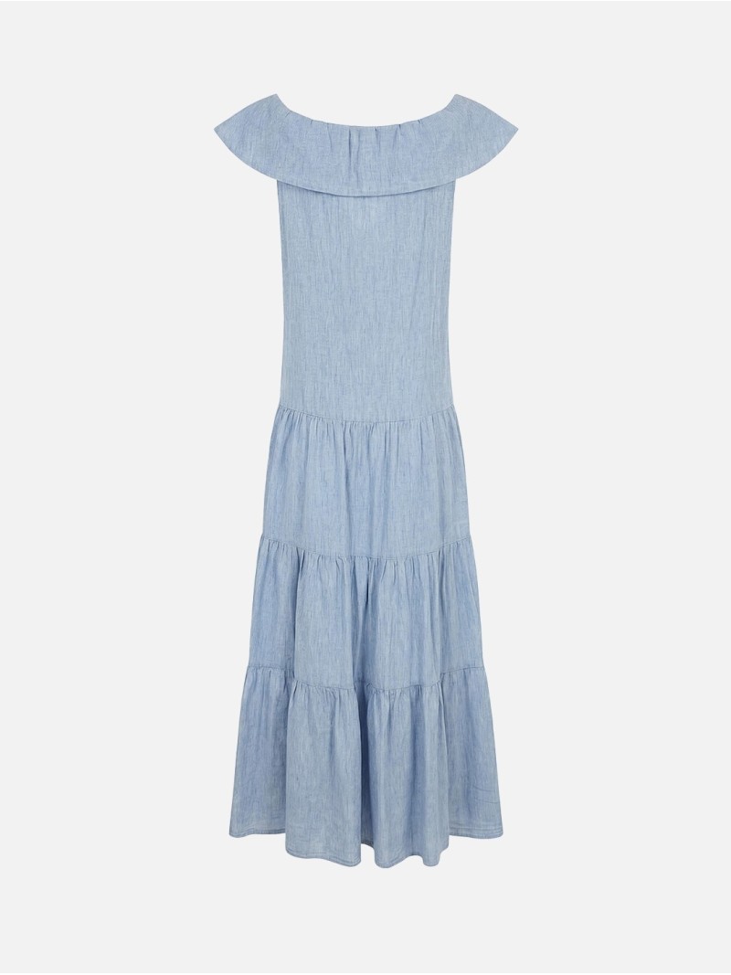 Vestido comprido em linho com decote quadrado