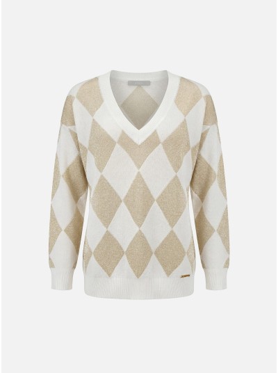 V-neck knitted sweater with diamond pattern