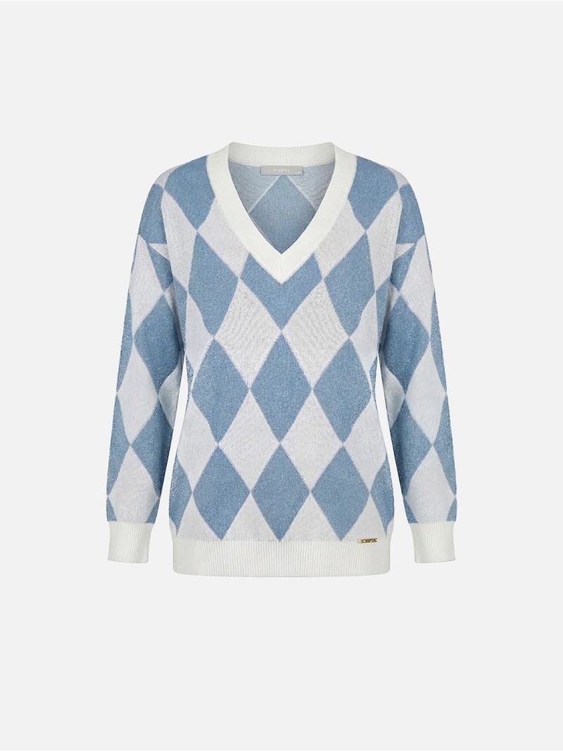 V-neck knitted sweater with diamond pattern