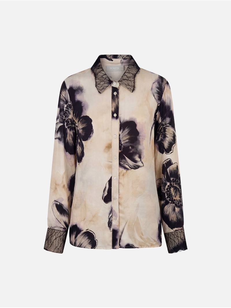 Blusa em seda com padrão floral e renda