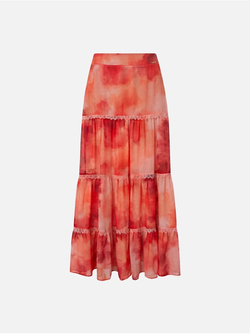 Long tie-dye skirt with gathers and lace