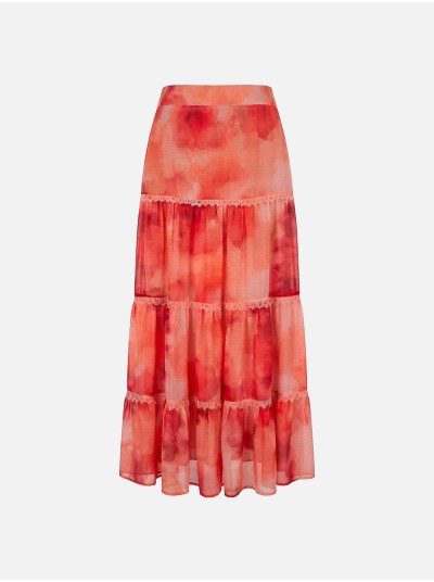 Long tie-dye skirt with gathers and lace