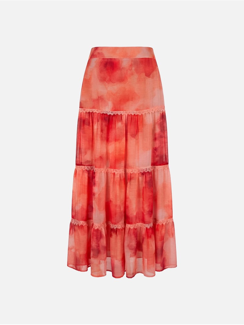Saia comprida tye dye com franzidos e renda