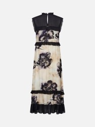 Vestido estampado com folhos a contrastar