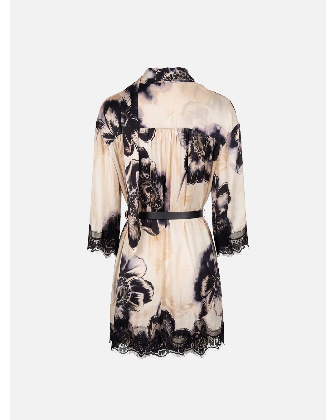 Vestido estampado com detalhe em renda e cinto