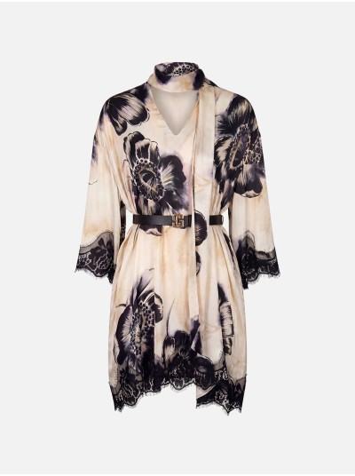 Vestido estampado com detalhe em renda e cinto