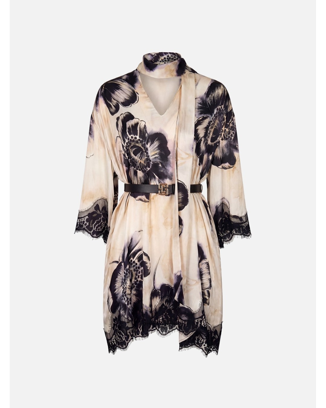 Vestido estampado com detalhe em renda e cinto
